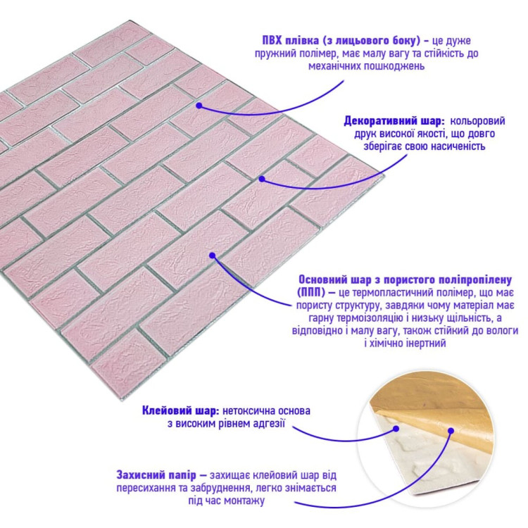 Панель стеновая 70*70cm*5mm розовий кирпич с серебром (D) SW-00001501