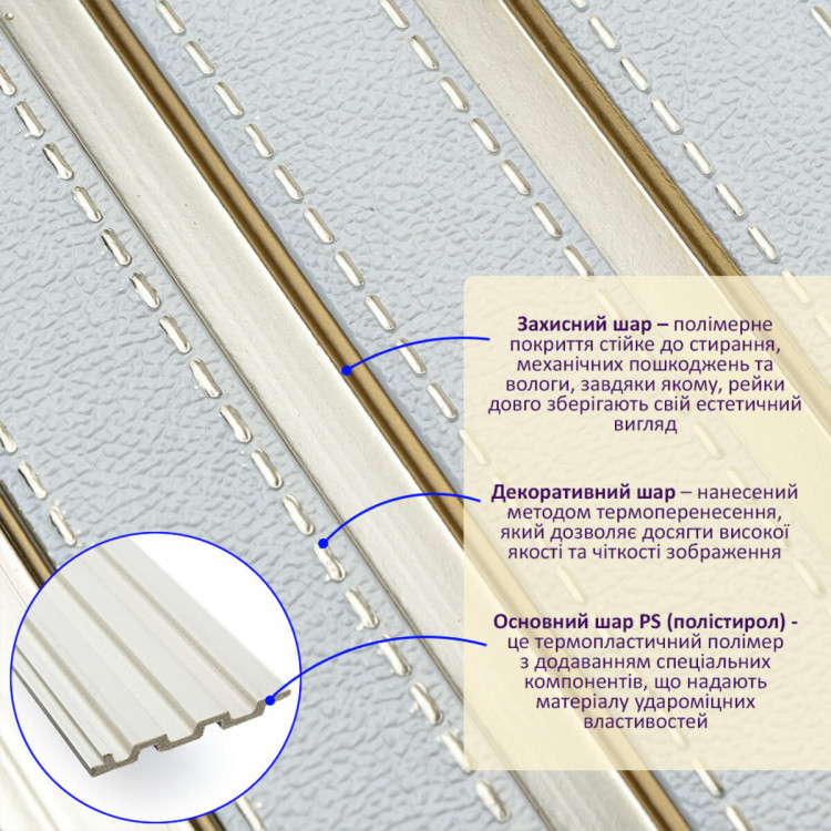 Рейка декоративна PS 2900х115х12мм Під білу шкіру із золотом SW-00002130